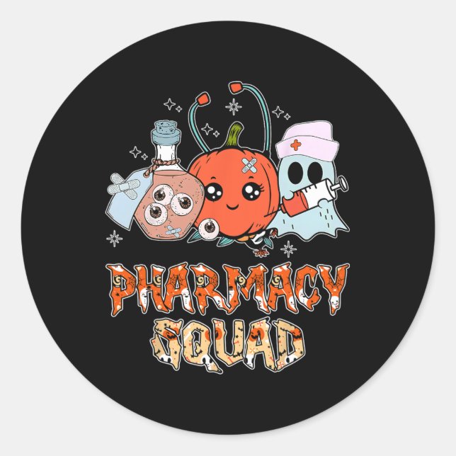 Funny Ghost Witch Pumpkin Pills Pharmacy Squad Hal Classic Round Sticker (Front)