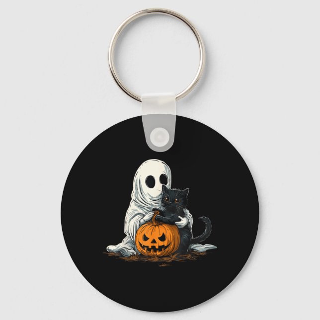 Funny Ghost With Black Cat And Jack O Lantern Key Ring (Front)