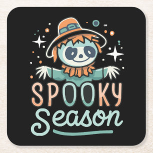 funny ghost with hats, spooky season square paper coaster