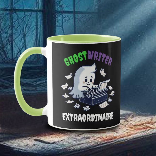 Funny Ghost Writer Extraordinaire Cute Ghost Mug (Ghost Writer on Typewriter Mug in the Moonlight on a Dusty Table Cover Photo)
