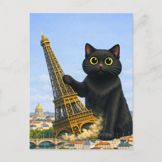 Funny Giant Black Cat Topples Eiffel Tower  Postcard (Front)