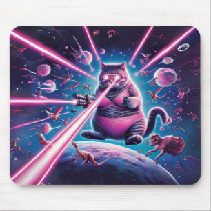 Funny giant cat and dinosaurs in space mouse pad