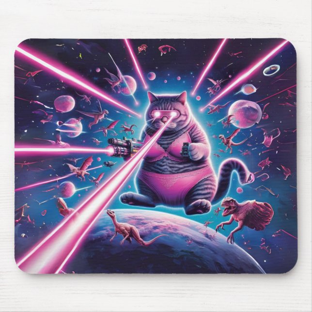 Funny giant cat and dinosaurs in space mouse pad (Front)