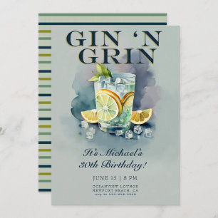 Funny Gin n Grin Cocktail Party Men 30th Birthday Invitation