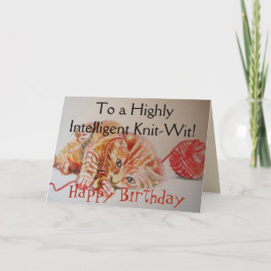 Funny Ginger Cat Knitting Knit Wool Birthday Card