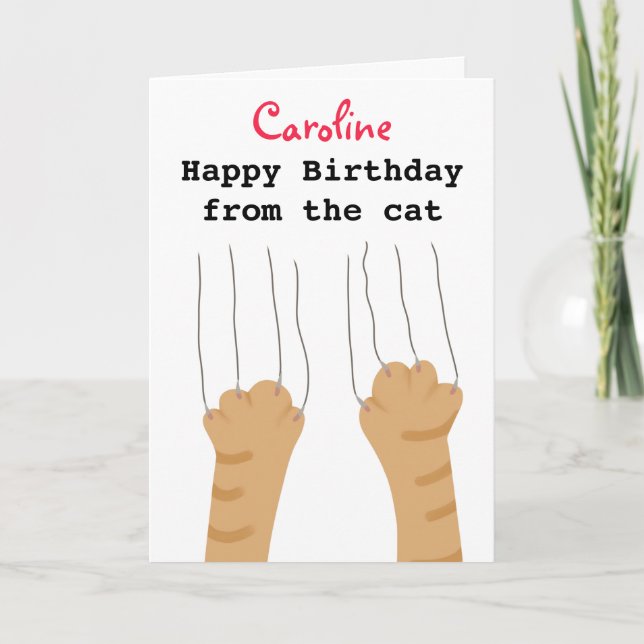 Funny ginger cat scratches birthday card (Front)