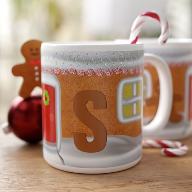 Funny Gingerbread House Monogrammed Large Coffee Mug (Perfect large coffee mug for Christmas! Just add your initial)