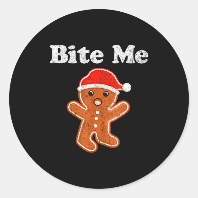 Funny Gingerbread Man Bite Me Christmas Cookie Cos Classic Round Sticker (Front)