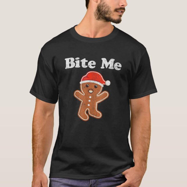 Funny Gingerbread Man Bite Me Christmas Cookie Cos T-Shirt (Front)
