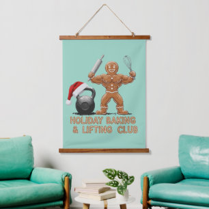 Funny Gingerbread Man Lifting & Baking Club Hanging Tapestry