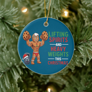 Funny Gingerbread Man Lifting Weights Christmas Ceramic Ornament