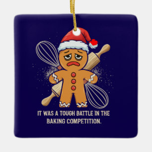 Funny Gingerbread Man "Tough Battle Baking Ceramic Ornament