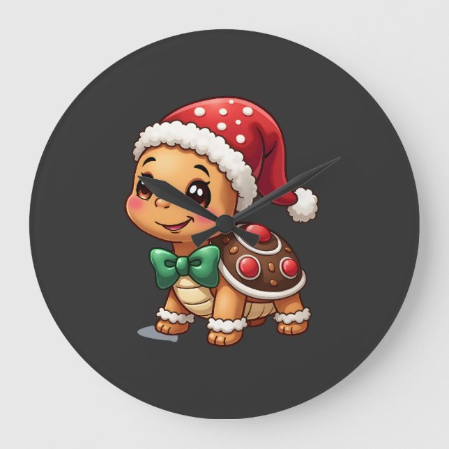 Funny Gingerbread Man Turtle Christmas Womens Mens Large Clock (Front)