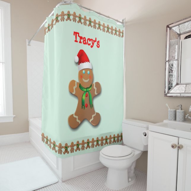 Funny Gingerbread Man with Santa Hat Shower Curtain (In Situ)