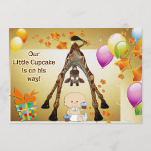 Funny Giraffe, Baby Boy and Cupcakes Baby Shower Invitation