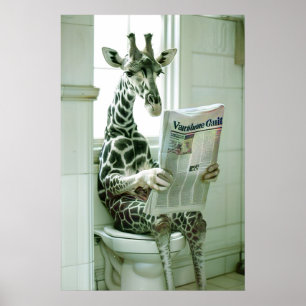 Funny Giraffe Bathroom Wall Art, Giraffe on Toilet Poster