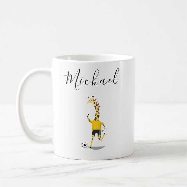 Funny Giraffe Boys Soccer Team Cute Personalised Coffee Mug (Left)