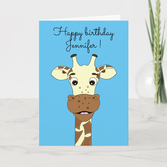 Funny giraffe cartoon blue kids birthday card (Front)