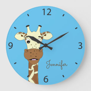 Funny giraffe cartoon blue kids name wall clock
