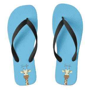 Funny giraffe cartoon blue name women's slippers thongs