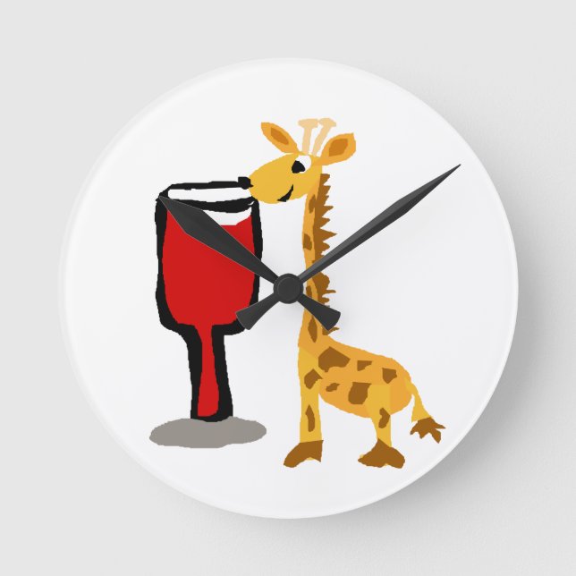Funny Giraffe drinking Red wine Cartoon Round Clock (Front)
