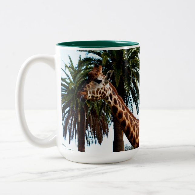 Funny Giraffe Giving A Raspberry, Two-Tone Coffee Mug (Left)