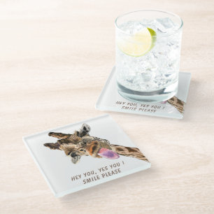 Funny Giraffe Glass Coaster Smile - Custom Text