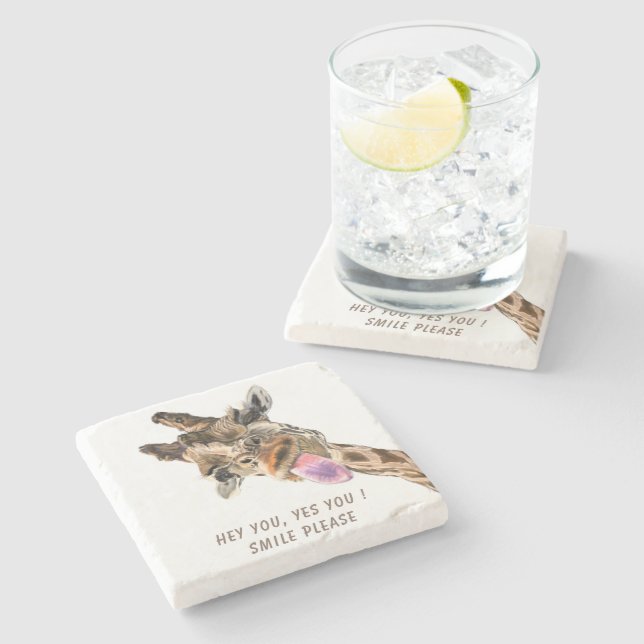 Funny Giraffe Marble Stone Coaster Catchy Text (Side)