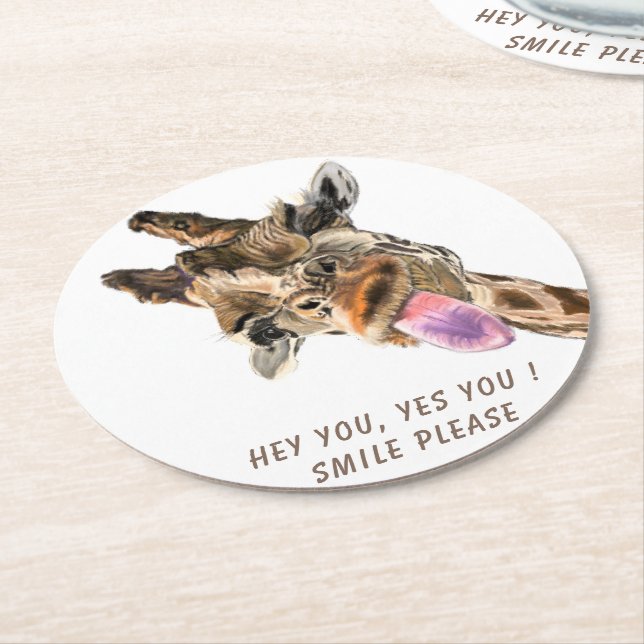 Funny Giraffe Paper Coasters Smile - Custom Text (Angled)