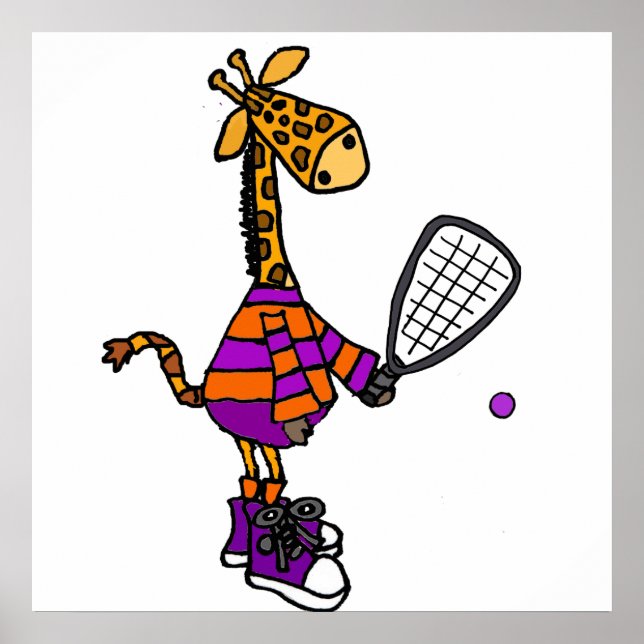 Funny Giraffe Playing Racquetball Cartoon Poster (Front)