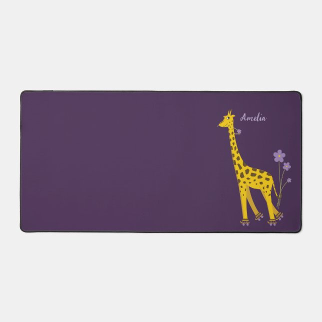 Funny Giraffe Rollerskating Animal Purple Girly Desk Mat (Front)
