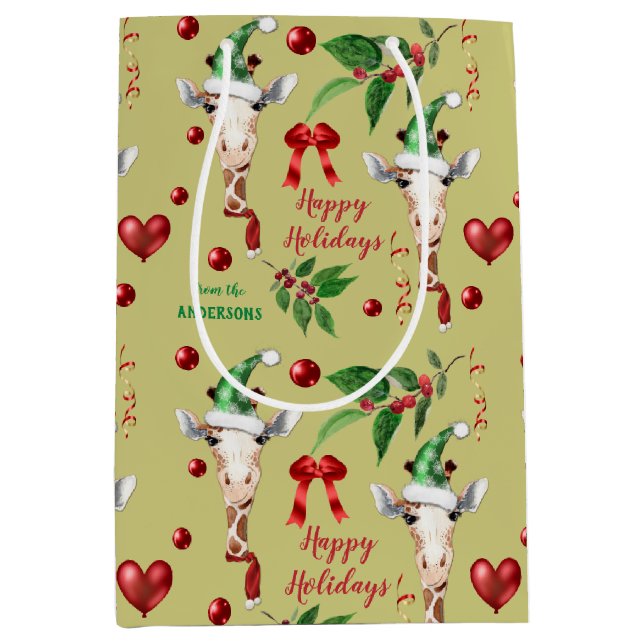 Funny Giraffe Santa Hat Holly Christmas Medium Gift Bag (Front)