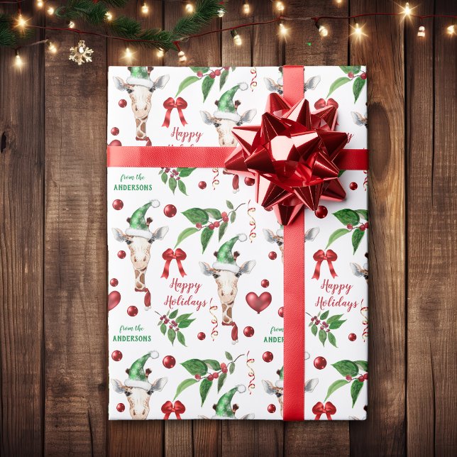 Funny Giraffe Santa Hat Holly Heart Wrapping Paper (Creator Uploaded)