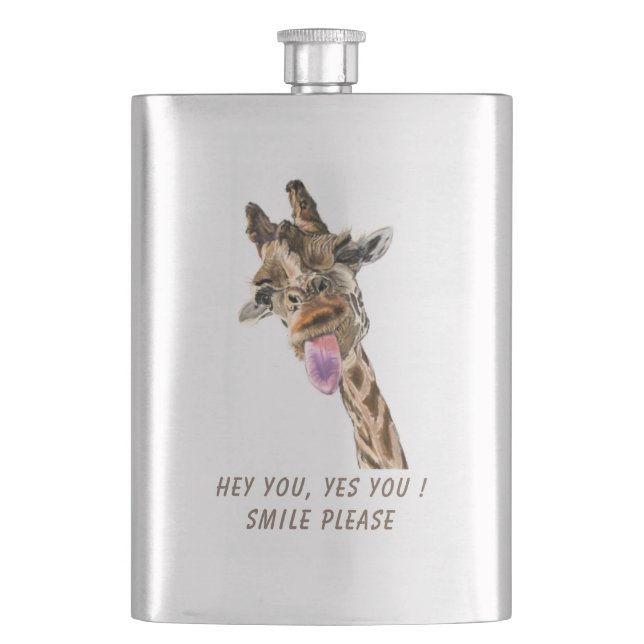 Funny Giraffe Tongue Out and Playful Wink Cartoon  Hip Flask (Front)