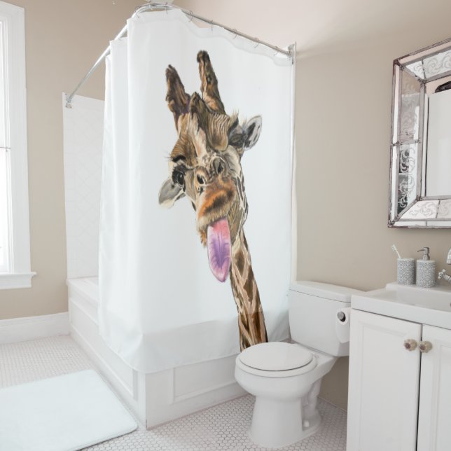 Funny Giraffe Tongue Out and Playful Wink - Fun Shower Curtain (In Situ)