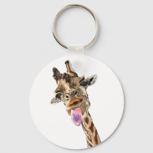 Funny Giraffe Tongue Out and Playful Wink - Hello Key Ring