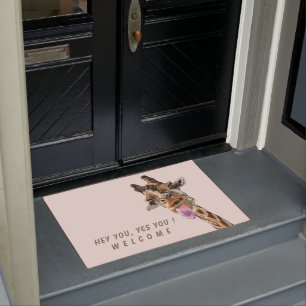 Funny Giraffe Tongue Out and Playful Wink -Welcome Doormat