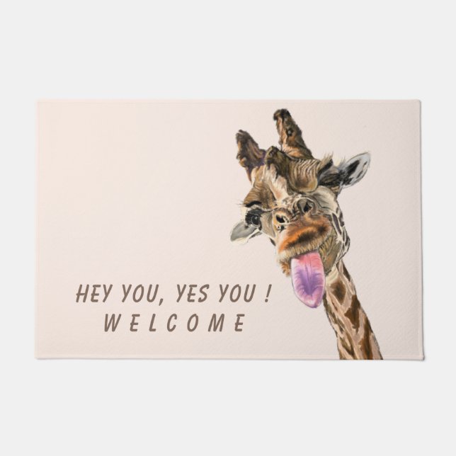 Funny Giraffe Tongue Out and Playful Wink -Welcome Doormat (Front)