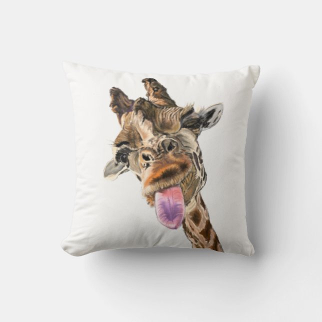 Funny Giraffe Tongue Out Playful Throw Pillow (Front)