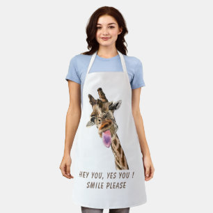 Funny Giraffe Tongue Out  Smile - Custom Text Apron