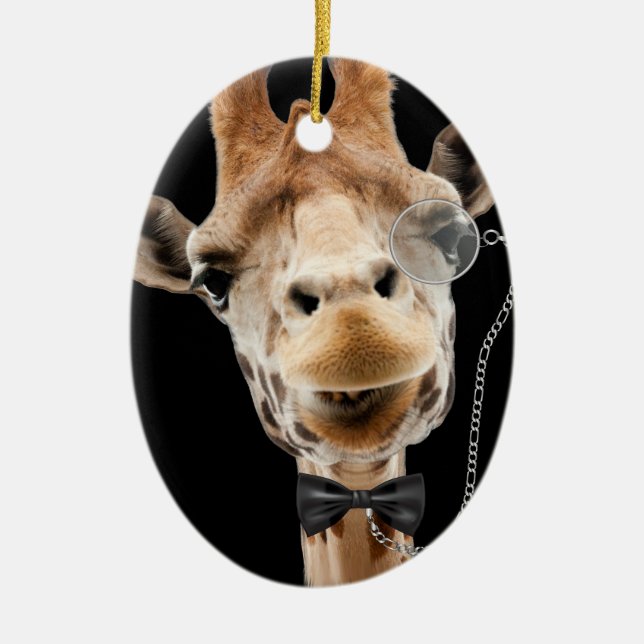 Funny Giraffe with Bowtie and Monocle Ceramic Tree Decoration (Front)