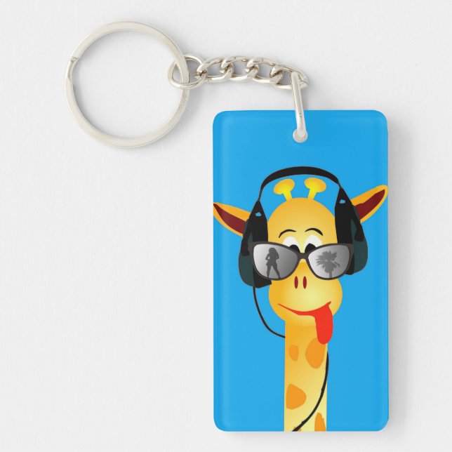 funny giraffe with headphones summer glasses comic key ring (Front)