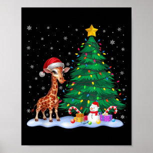 Funny Giraffe Xmas Tree Lights Reindeer Hat Christ Poster