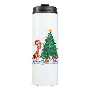 Funny Giraffe Xmas Tree Lights Reindeer Hat Christ Thermal Tumbler