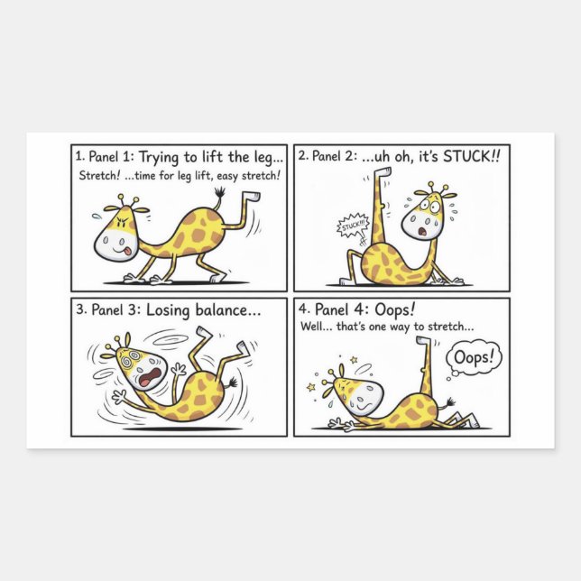 Funny Giraffe Yoga Fail 4 Panel Comic Strip Rectangular Sticker (Front)
