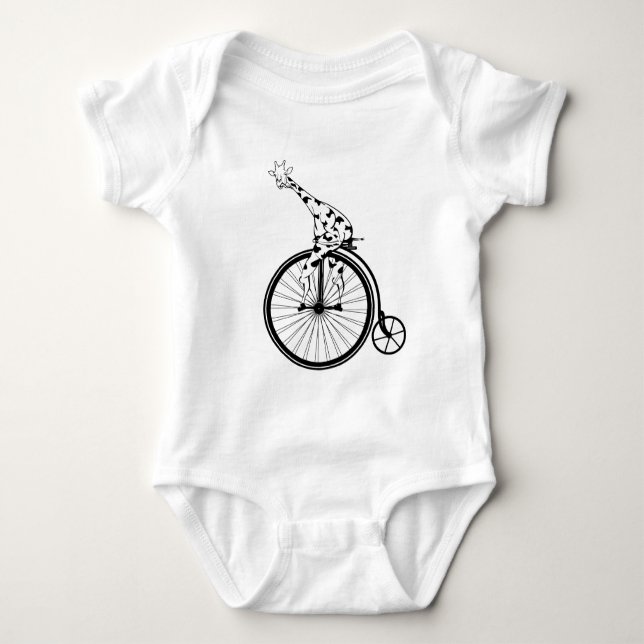 Funny giraffee riding a penny-farthing baby bodysuit (Front)