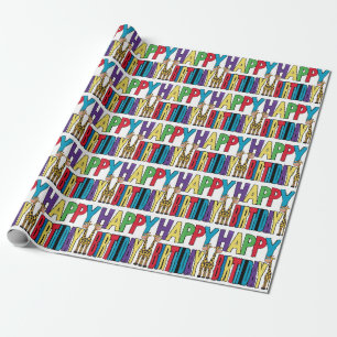 Funny Giraffes and Colourful Block Birthday Text Wrapping Paper