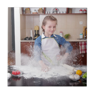 Funny girl in messy kitchen ceramic tile