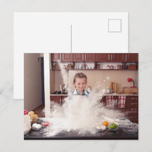 Funny girl in messy kitchen postcard