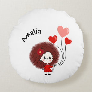 Funny girl with hearts balloons round cushion